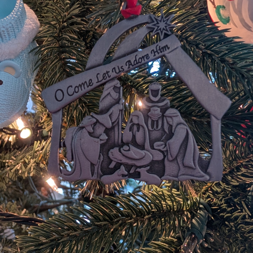 Camco Pewter Nativity Scene Christmas Ornament O Come Let Us Adore Him